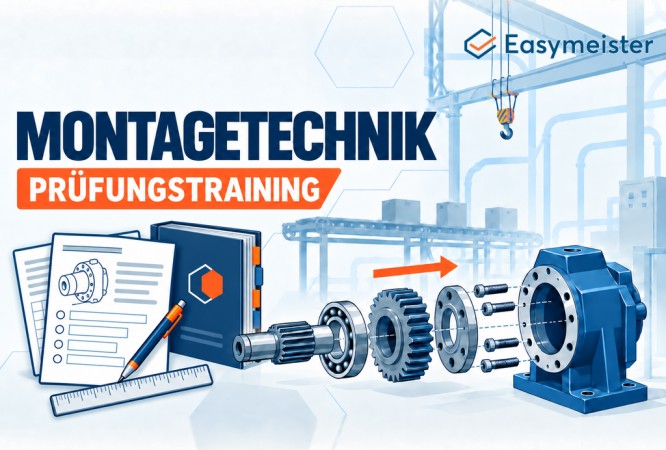 Montagetechnik-Prüfungstraining mit Explosionsdarstellung eines Getriebes, Prüfungsunterlagen und Tabellenbuch