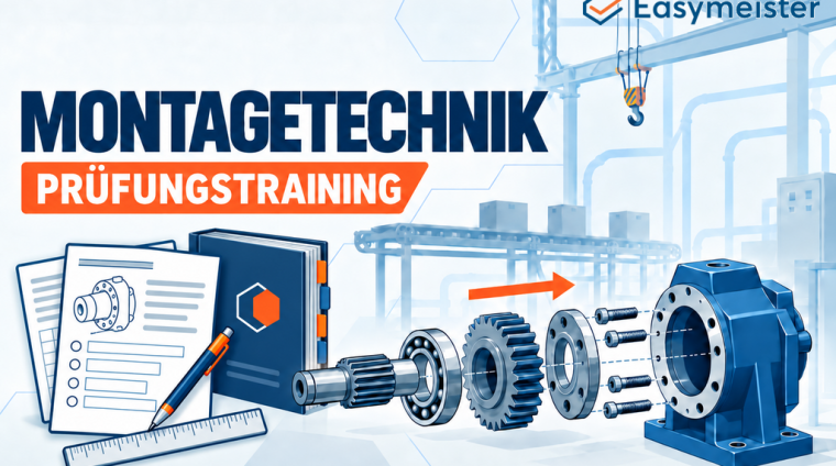 Montagetechnik-Prüfungstraining mit Explosionsdarstellung eines Getriebes, Prüfungsunterlagen und Tabellenbuch