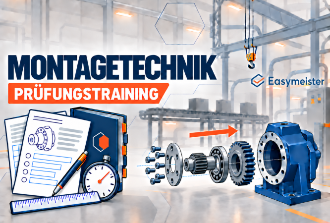 Montagetechnik-Prüfungstraining mit Explosionsdarstellung eines Getriebes, Prüfungsunterlagen und Tabellenbuch