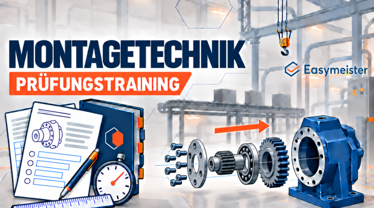 Montagetechnik-Prüfungstraining mit Explosionsdarstellung eines Getriebes, Prüfungsunterlagen und Tabellenbuch