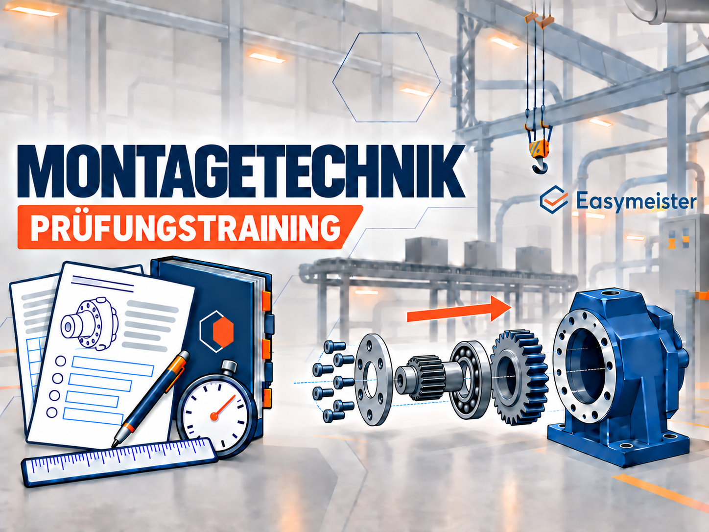 Montagetechnik-Prüfungstraining mit Explosionsdarstellung eines Getriebes, Prüfungsunterlagen und Tabellenbuch