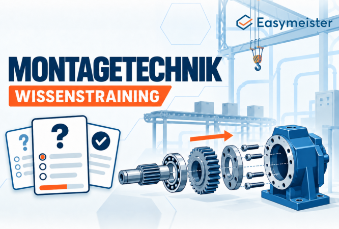 Easymeister Montagetechnik-Wissenstraining mit Quizfragen und Explosionsdarstellung einer Baugruppe für Industriemeister Metall (IHK)