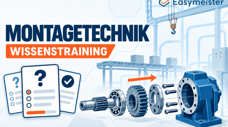 Easymeister Montagetechnik-Wissenstraining mit Quizfragen und Explosionsdarstellung einer Baugruppe für Industriemeister Metall (IHK)