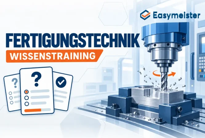 Fertigungstechnik-Wissenstraining von Easymeister mit CNC-Fräsmaschine und Quizkarten zur IHK-Prüfung für Industriemeister Metall