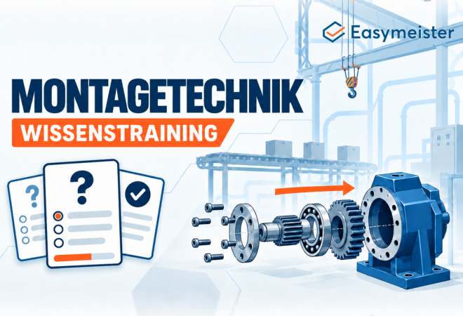 Easymeister Montagetechnik-Wissenstraining mit Quizfragen und Explosionsdarstellung einer Baugruppe für Industriemeister Metall (IHK)