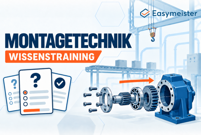Easymeister Montagetechnik-Wissenstraining mit Quizfragen und Explosionsdarstellung einer Baugruppe für Industriemeister Metall (IHK)