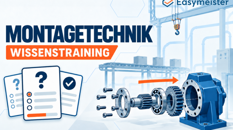 Easymeister Montagetechnik-Wissenstraining mit Quizfragen und Explosionsdarstellung einer Baugruppe für Industriemeister Metall (IHK)