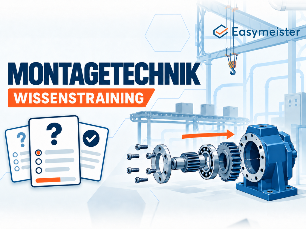 Easymeister Montagetechnik-Wissenstraining mit Quizfragen und Explosionsdarstellung einer Baugruppe für Industriemeister Metall (IHK)