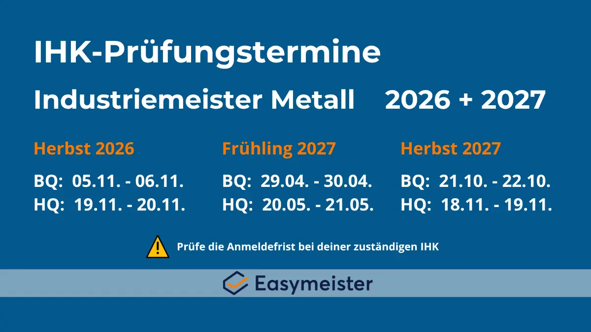 IHK-Prüfungstermine für Industriemeister Metall 2026 und 2027 mit BQ- und HQ-Terminen